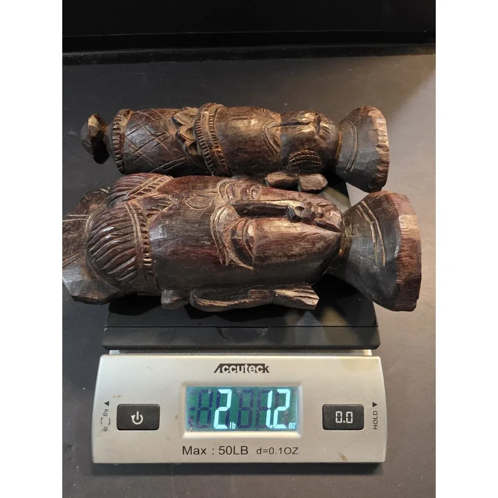 Vintage Indian Hand-Carved Wood Deity Busts - Pair of 2 Traditional Sculptures